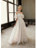 Floral Print Organza Wedding Dress With Removable Puff Sleeves Floral Print Organza Wedding Dress With Removable Puff Sleeves
